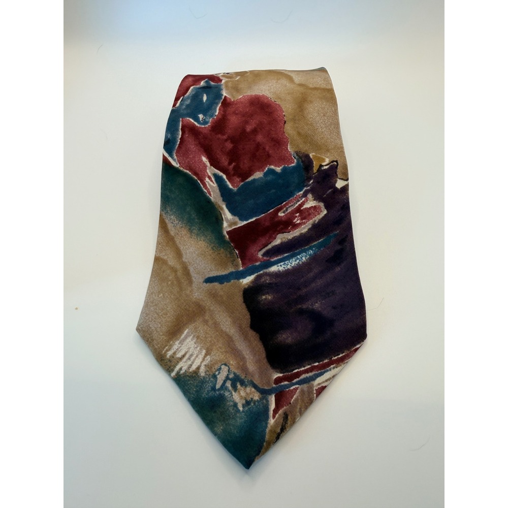 Marina Di Carrara Mens Abstract Watercolor Silk Tie Burgundy Tan Teal Italian